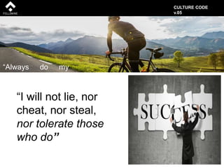 “I will not lie, nor
cheat, nor steal,
nor tolerate those
who do”
“Always do my
best ”
CULTURE CODE
v.05
 