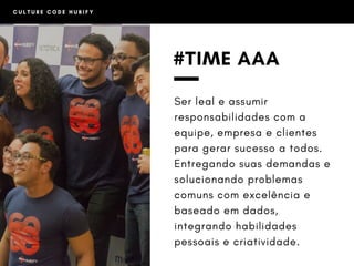 C U L T U R E C O D E H U B I F Y
#TIME AAA
Ser leal e assumir
responsabilidades com a
equipe, empresa e clientes
para gerar sucesso a todos.
Entregando suas demandas e
solucionando problemas
comuns com excelência e
baseado em dados,
integrando habilidades
pessoais e criatividade.
 