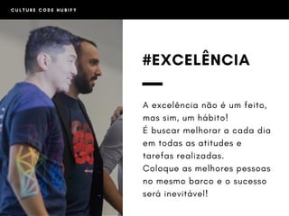 #EXCELÊNCIA
A excelência não é um feito,
mas sim, um hábito!
É buscar melhorar a cada dia
em todas as atitudes e
tarefas realizadas.
Coloque as melhores pessoas
no mesmo barco e o sucesso
será inevitável!
C U L T U R E C O D E H U B I F Y
 