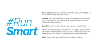 Brain Trust. We know our collective strength. We ask for the ball, we
know when to shoot and when to pass.
Experts. We aim to be experts in what we do by taking responsibility
for our own learning. We hone our craft through research, practice,
informal and formal training.
Data-Driven. We respect data but don’t ignore our gut feeling.
Focus. We acknowledge success doesn’t just happen, it’s planned for.
We practice discipline and are focused on our journey to success. We
operationalize our systems so we can focus on making an impact.
Agile. We are agile and flexible in order to solve problems.
 