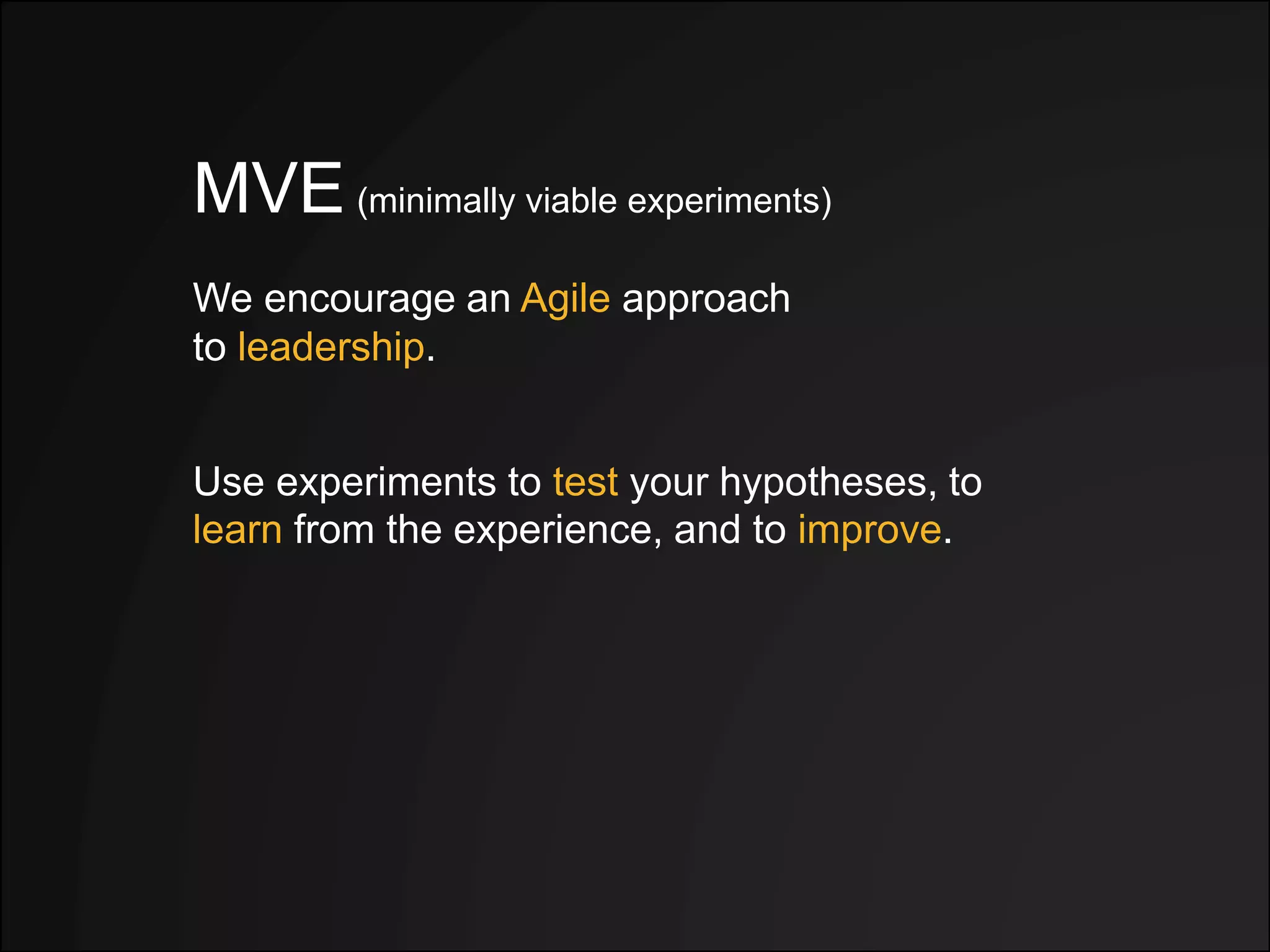 We encourage an Agile approach
to leadership.
MVE (minimally viable experiments)
Use experiments to test your hypotheses, to
learn from the experience, and to improve.
 
