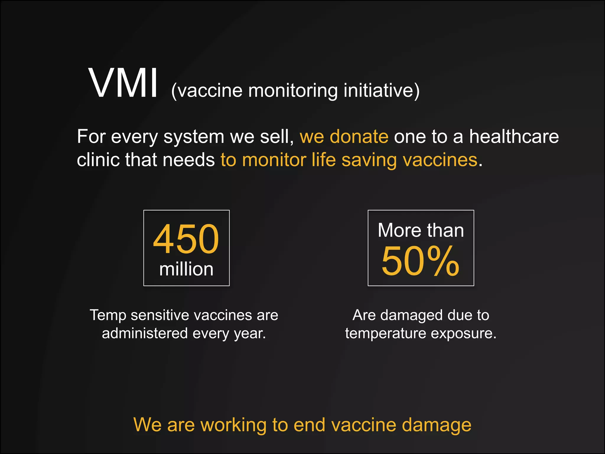 VMI (vaccine monitoring initiative)
Are damaged due to
temperature exposure.
For every system we sell, we donate one to a healthcare
clinic that needs to monitor life saving vaccines.
We are working to end vaccine damage
Temp sensitive vaccines are
administered every year.
450
million 50%
More than
 