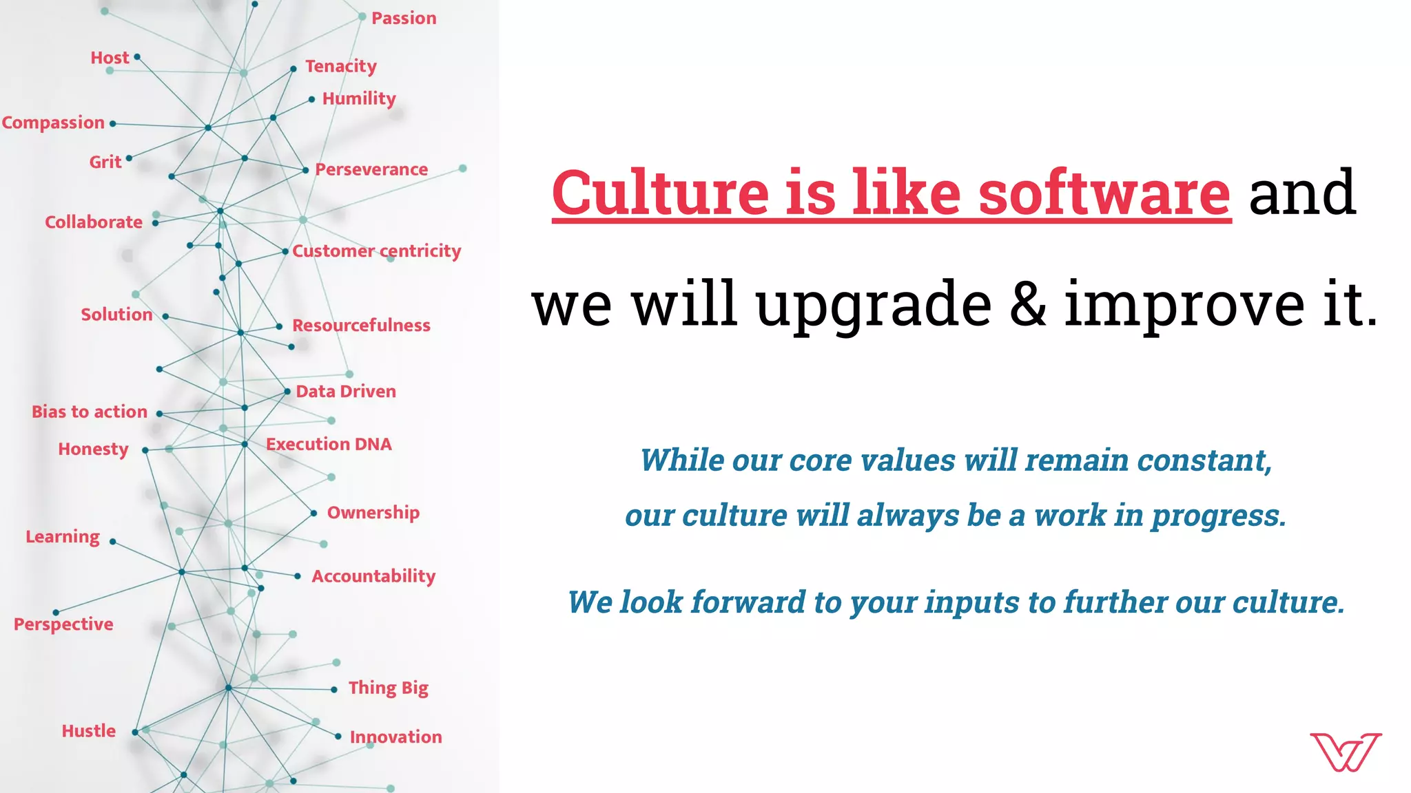 Culture is like software and
we will upgrade & improve it.
While our core values will remain constant,
our culture will always be a work in progress.
We look forward to your inputs to further our culture.
 