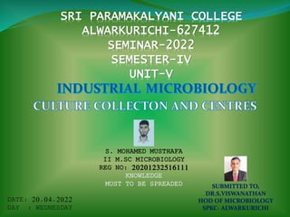 SRI PARAMAKALYANI COLLEGE
ALWARKURICHI-627412
SEMINAR-2022
SEMESTER-IV
UNIT-V
S. MOHAMED MUSTHAFA
II M.SC MICROBIOLOGY
REG NO: 20201232516111
KNOWLEDGE
MUST TO BE SPREADED
DATE: 20.04.2022
DAY : WEDNESDAY
SUBMITTED TO,
DR.S,VISWANATHAN
HOD OF MICROBIOLOGY
SPKC- ALWARKURICHI
 