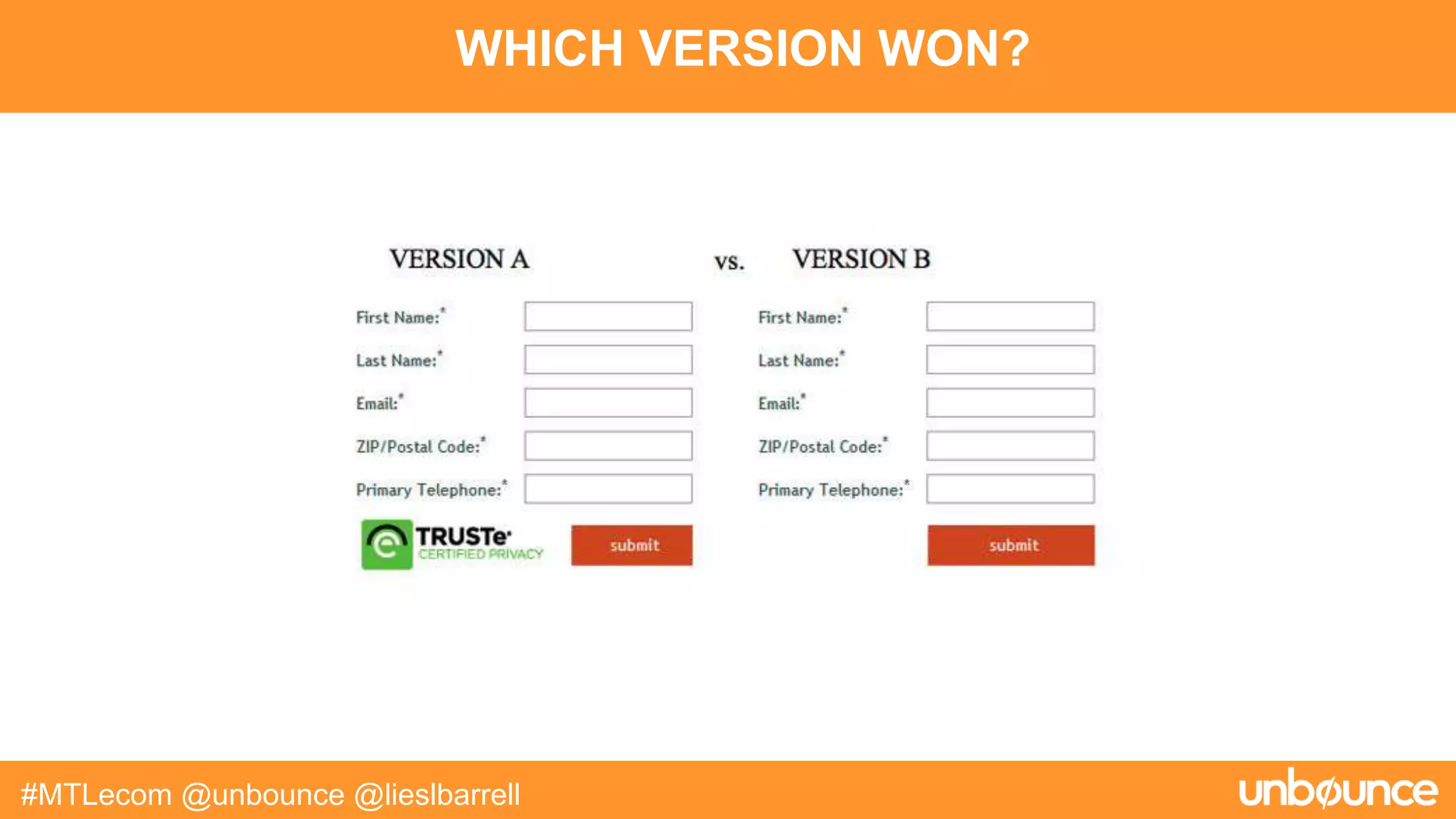 WHICH VERSION WON?
#MTLecom @unbounce @lieslbarrell
 