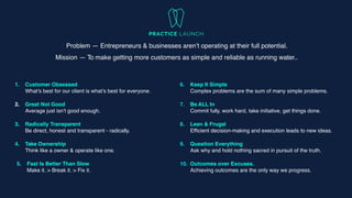 Mission — To make getting more customers as simple and reliable as running water..
Problem — Entrepreneurs & businesses aren’t operating at their full potential.
1
.	
Customer Obsessed
What’s best for our client is what’s best for everyone.
2
.	
Great Not Good
Average just isn’t good enough.
3
.	
Radically Transparent
Be direct, honest and transparent - radically.
4
.	
Take Ownership
Think like a owner & operate like one.
5
.	
Fast Is Better Than Slow
Make it. > Break it. > Fix it.
6
.	
Keep It Simple
Complex problems are the sum of many simple problems.
7
.	
Be ALL In
Commit fully, work hard, take initiative, get things done.
8
.	
Lean & Frugal
Efficient decision-making and execution leads to new ideas.
9
.	
Question Everything
Ask why and hold nothing sacred in pursuit of the truth.
10
.	
Outcomes over Excuses.
Achieving outcomes are the only way we progress.
 