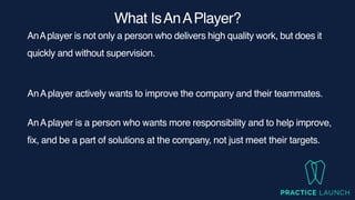 What IsAnAPlayer
?

AnAplayer is not only a person who delivers high quality work, but does it
quickly and without supervision.
AnAplayer actively wants to improve the company and their teammates.
AnAplayer is a person who wants more responsibility and to help improve,
fix, and be a part of solutions at the company, not just meet their targets.
 