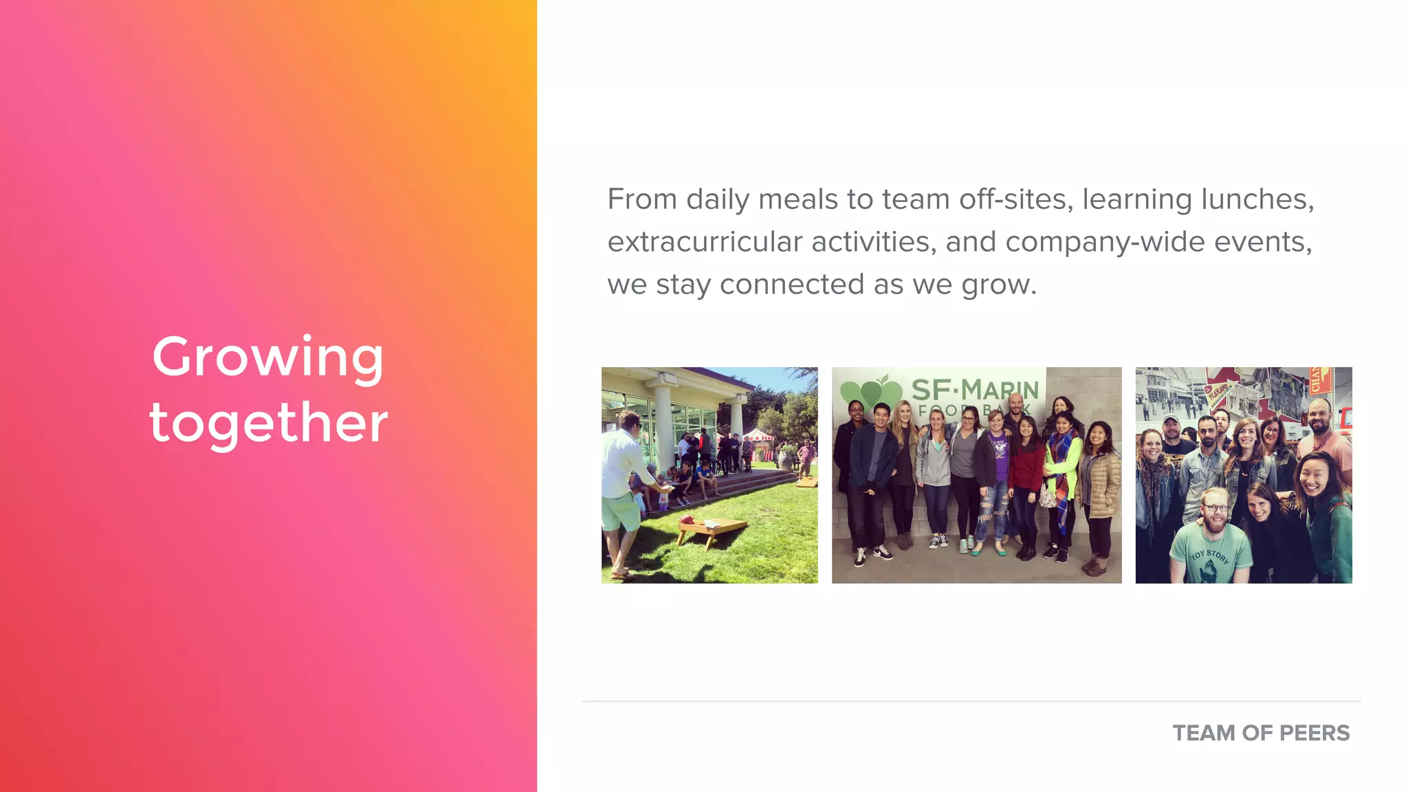 Growing
together
From daily meals to team off-sites, learning lunches,
extracurricular activities, and company-wide events,
we stay connected as we grow.
TEAM OF PEERS
 