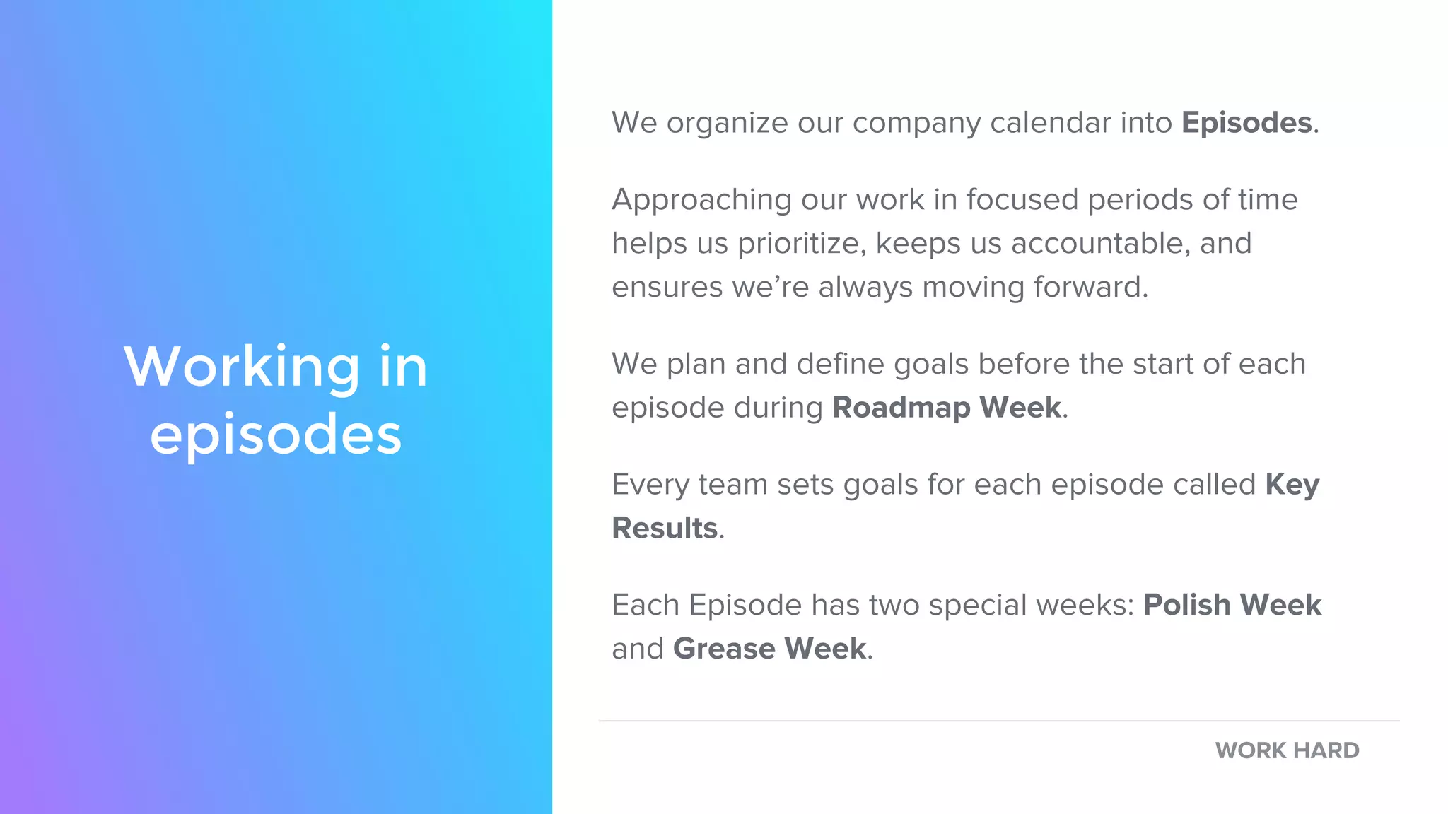 We organize our company calendar into Episodes.
Approaching our work in focused periods of time
helps us prioritize, keeps us accountable, and
ensures we’re always moving forward.
We plan and define goals before the start of each
episode during Roadmap Week.
Every team sets goals for each episode called Key
Results.
Each Episode has two special weeks: Polish Week
and Grease Week.
Working in
episodes
WORK HARD
 