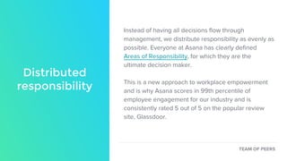 Distributed
responsibility
Instead of having all decisions flow through
management, we distribute responsibility as evenly as
possible. Everyone at Asana has clearly defined
Areas of Responsibility, for which they are the
ultimate decision maker.
This is a new approach to workplace empowerment
and is why Asana scores in 99th percentile of
employee engagement for our industry and is
consistently rated 5 out of 5 on the popular review
site, Glassdoor.
TEAM OF PEERS
 