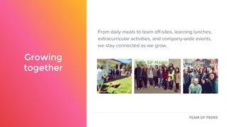 Growing
together
From daily meals to team off-sites, learning lunches,
extracurricular activities, and company-wide events,
we stay connected as we grow.
TEAM OF PEERS
 
