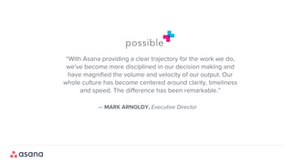 — MARK ARNOLDY, Executive Director
“With Asana providing a clear trajectory for the work we do,
we've become more disciplined in our decision making and
have magnified the volume and velocity of our output. Our
whole culture has become centered around clarity, timeliness
and speed. The difference has been remarkable.”
 