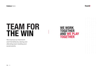 13PAGE
WE WORK
TOGETHER
AND WE PLAY
TOGETHER
We improve our teamwork
and friendship by valuing and
attending team-building and
social events
TEAM FOR
THE WIN
 