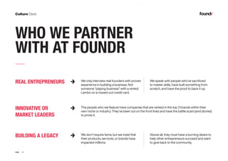 17PAGE
WHO WE PARTNER
WITH AT FOUNDR
REAL ENTREPRENEURS
INNOVATIVE OR
MARKET LEADERS
BUILDING A LEGACY
We only interview real founders with proven
experience in building a business. Not
someone “playing business” with a rented
Lambo on a maxed-out credit card.
The people who we feature have companies that are ranked in the top 3 brands within their
own niche or industry. They’ve been out on the front lines and have the battle scars (and stories)
to prove it.
We don’t require fame, but we insist that
their products, services, or brands have
impacted millions.
We speak with people who’ve sacrificed
to master skills, have built something from
scratch, and have the proof to back it up.
Above all, they must have a burning desire to
help other entrepreneurs succeed and want
to give back to the community.
 