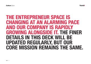 2PAGE
THE ENTREPRENEUR SPACE IS
CHANGING AT AN ALARMING PACE
AND OUR COMPANY IS RAPIDLY
GROWING ALONGSIDE IT. THE FINER
DETAILS IN THIS DECK WILL BE
UPDATED REGULARLY, BUT OUR
CORE MISSION REMAINS THE SAME.
 