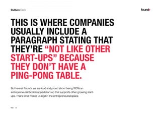 20PAGE
But here at Foundr, we are loud and proud about being 100% an
entrepreneurial bootstrapped start-up that supports other growing start-
ups. That’s what makes us legit in the entrepreneurial space.
THIS IS WHERE COMPANIES
USUALLY INCLUDE A
PARAGRAPH STATING THAT
THEY’RE “NOT LIKE OTHER
START-UPS” BECAUSE
THEY DON’T HAVE A
PING-PONG TABLE.
 