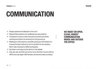 24PAGE
	→ Always address the elephant in the room
	→ Respectfully question and challenge any assumptions
	→ Transparent culture is best. Everyone should know what’s 		
	 working and what’s not working from the ground up
	→ Meetings vs. Discussions: we prefer giving you the freedom to 		
	 choose the best method of communication for the situation. 		
	 Strict rules only lead to stifled workplaces.
	→ No dream is too big, but the devil is in the details.
	→ Ask, ask, ask, and then ask some more. And then if you’re still not 	
	 100% sure, ask again. (Remember, we love and value curiosity.)
WE INSIST ON OPEN,
CLEAR, HONEST
COMMUNICATION
INSIDE AND OUTSIDE
THE OFFICE
COMMUNICATION
 