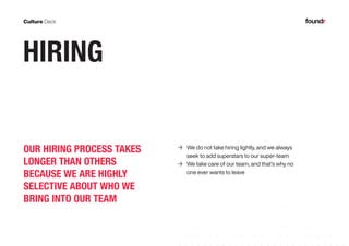 27PAGE
HIRING	
OUR HIRING PROCESS TAKES
LONGER THAN OTHERS
BECAUSE WE ARE HIGHLY
SELECTIVE ABOUT WHO WE
BRING INTO OUR TEAM
	→ We do not take hiring lightly, and we always 		
	 seek to add superstars to our super-team
	→ We take care of our team, and that’s why no 		
	 one ever wants to leave
 
