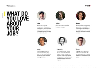 33PAGE
Working with a team of
A-players to turn this awesome
company into a global brand that
helps millions of entrepreneurs
to build their business and make
the world a better place.
Logging in every day to work
with a group of legends who
are super passionate to make a
difference in the entrepreneurial
scene.
I love working with a team of
passionate people on a big
vision and having the freedom to
innovate and create my way to
reaching that vision.
Being able to help hundreds of
thousands of people
Working with the highest quality
specialists in their field. Smart,
passionate people that want to
be there. Everyone is on a team,
and there are no egos or hidden
agendas.
WHAT DO
YOU LOVE
ABOUT
YOUR
JOB?
JesseLucas Apolonia
Andrei AlishaDave
What I love the most? Difficult
to pick one! Great culture that
supports career development,
amazing, driven and fun people
who you want to work with every
day and incredible opportunity
to grow.
 