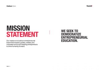 6PAGE
Our mission is to build an entrepreneurial
brand that impacts, guides, creates, and
motivates tomorrow’s leading entrepreneurs
to drive humanity forward.
MISSION
STATEMENT
WE SEEK TO
DEMOCRATIZE
ENTREPRENEURIAL
EDUCATION.
 