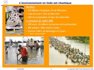 L’environnement en Inde est chaotique
             Bombay
              #18 Millions d’habitants, 5% du PIB Indien
       ...