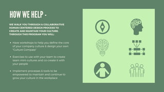 HOW WE HELP -
WE WALK YOU THROUGH A COLLABORATIVE
HUMAN CENTERED DESIGN PROCESS TO
CREATE AND MAINTAIN YOUR CULTURE.
THROUGH THIS PROGRAM YOU WILL:
Have workshops to help you define the core
of your company culture & design your own
"Culture Compass"
Exercises to use with your team to create
team mini-cultures and co-create it with
your people
Implement processes & tools to be
empowered to maintain and continue to
grow your culture in the workplace
 