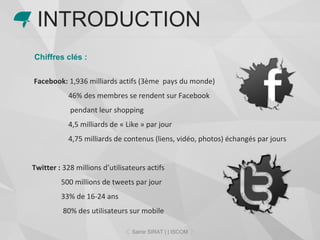 Chiffres clés :
Facebook: 1,936 milliards actifs (3ème pays du monde)
46% des membres se rendent sur Facebook
pendant leur shopping
4,5 milliards de « Like » par jour
4,75 milliards de contenus (liens, vidéo, photos) échangés par jours
Twitter : 328 millions d’utilisateurs actifs
500 millions de tweets par jour
33% de 16-24 ans
80% des utilisateurs sur mobile
INTRODUCTION
Samir SIRAT | | ISCOM
 