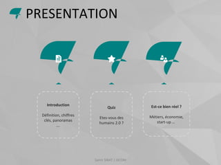 PRESENTATION
Samir SIRAT | ISCOM
Introduction
Définition, chiffres
clés, panoramas
….
Quiz
Etes-vous des
humains 2.0 ?
Est-ce bien réel ?
Métiers, économie,
start-up …
 