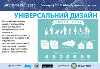 УНІВЕРСАЛЬНИЙ ДИЗАЙН
Центр Універсального
дизайну Університету
Північної Кароліни
виокремлює наступні
принципи:
неупередженість, гнучкість
використання, простота та
інтуітивність,
перцептивність інформації,
толерантність помилки,
низькие фізичне зусилля,
розмір та скаля об’єктів.
2015 Семінар 14.05.2015 Київ, Будинок архітектора
організатори доповідач
 