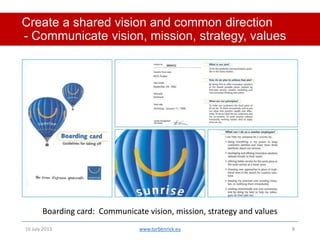Create a shared vision and common direction
- Communicate vision, mission, strategy, values

Boarding card: Communicate vi...