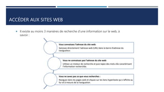 ACCÉDER AUX SITES WEB
 Il existe au moins 3 manières de recherche d’une information sur le web, à
savoir :
 