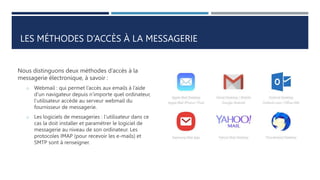 LES MÉTHODES D’ACCÈS À LA MESSAGERIE
Nous distinguons deux méthodes d’accès à la
messagerie électronique, à savoir :
o Webmail : qui permet l’accès aux emails à l’aide
d’un navigateur depuis n’importe quel ordinateur,
l’utilisateur accède au serveur webmail du
fournisseur de messagerie.
o Les logiciels de messageries : l’utilisateur dans ce
cas la doit installer et paramétrer le logiciel de
messagerie au niveau de son ordinateur. Les
protocoles IMAP (pour recevoir les e-mails) et
SMTP sont à renseigner.
 