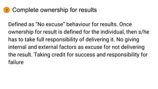 Complete ownership for results
Defined as “No excuse” behaviour for results. Once
ownership for result is defined for the ...