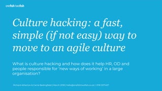 Culture hacking: a fast,
simple (if not easy) way to
move to an agile culture
What is culture hacking and how does it help HR, OD and
people responsible for ‘new ways of working’ in a large
organisation?
Richard Atherton & Carrie Bedingfield | March 2018 | hello@onefishtwofish.co.uk | 0118 3217457
 
