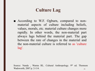 Culture Lag
■ According to W.F. Ogburn, compared to non-
material aspects of culture including beliefs,
values, morals, etc. material culture changes more
rapidly. In other words, the non-material part
always lags behind the material part. The gap
between the rate of changes in the material and
the non-material culture is referred to as 'culture
lag'.
25
Source: Nanda , Warms RL. Cultural Anthropology. 9th ed. Thomson
Wadsworth; 2007.p. 2-114.
 