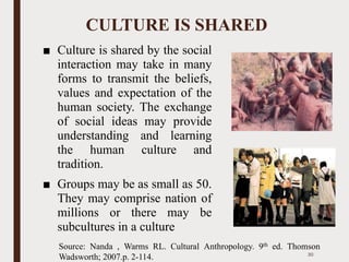 CULTURE IS SHARED
■ Culture is shared by the social
interaction may take in many
forms to transmit the beliefs,
values and expectation of the
human society. The exchange
of social ideas may provide
understanding and learning
the human culture and
tradition.
■ Groups may be as small as 50.
They may comprise nation of
millions or there may be
subcultures in a culture
30
Source: Nanda , Warms RL. Cultural Anthropology. 9th ed. Thomson
Wadsworth; 2007.p. 2-114.
 
