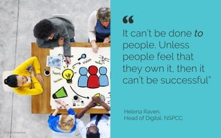 It can’t be done to
people. Unless
people feel that
they own it, then it
can’t be successful”
Helena Raven,
Head of Digital, NSPCC
“ 	

Credit: Rawpixel
 