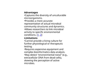 Advantages
•Captures the diversity of unculturable
microorganisms.
•Provides a more accurate
representation of actual microbial
community structures and dynamics.
•Allows researchers to link microbial
activity to specific environmental
conditions. [1, 2]
Limitations
•Cannot provide a living culture for
further physiological or therapeutic
testing.
•Requires expensive equipment and
complex bioinformatics data analysis.
•May detect "environmental noise" (e.g.,
extracellular DNA from dead cells),
skewing the perception of active
microbes.
 