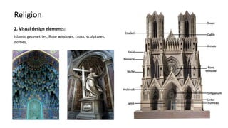 2. Visual design elements:
Islamic geometries, Rose windows, cross, sculptures,
domes,
Religion
 
