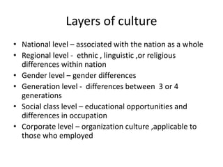Layers of culture
• National level – associated with the nation as a whole
• Regional level - ethnic , linguistic ,or religious
differences within nation
• Gender level – gender differences
• Generation level - differences between 3 or 4
generations
• Social class level – educational opportunities and
differences in occupation
• Corporate level – organization culture ,applicable to
those who employed
 