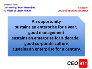 911CEO
Lesson 4 from:
20 Learnings from Electroline
& Places of Lesser Repute
An opportunity
sustains an enterprise for a year;
good management
sustains an enterprise for a decade;
good corporate culture
sustains an enterprise for a century.
Category:
CULTURE TRUMPS STRATEGY
 