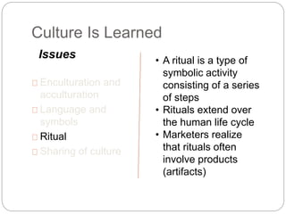 Culture Is Learned
Enculturation and
acculturation
Language and
symbols
Ritual
Sharing of culture
Issues • A ritual is a type of
symbolic activity
consisting of a series
of steps
• Rituals extend over
the human life cycle
• Marketers realize
that rituals often
involve products
(artifacts)
 