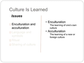 Culture Is Learned
Enculturation and
acculturation
Language and
symbols
Ritual
Sharing of culture
Issues
• Enculturation
The learning of one’s own
culture
• Acculturation
The learning of a new or
foreign culture
 