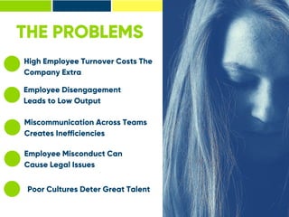 THE PROBLEMS
High Employee Turnover Costs The
Company Extra
Employee Disengagement
Leads to Low Output
Miscommunication Across Teams
Creates Inefficiencies
Employee Misconduct Can
Cause Legal Issues
Poor Cultures Deter Great Talent
 