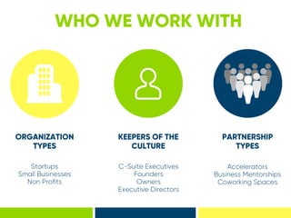 WHO WE WORK WITH
ORGANIZATION
TYPES
Startups
Small Businesses
Non Profits
KEEPERS OF THE
CULTURE
C-Suite Executives
Founders
Owners
Executive Directors
PARTNERSHIP
TYPES
Accelerators
Business Mentorships
Coworking Spaces
 