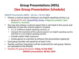 Group Presentations (40%)
(See Group Presentation Schedule)
GROUP Presentation (40%) – 20 min + 10 min Q&A
• Choose a cultural aspect relating to any English-speaking country, e.g.
– Media & TV: U.K.; Storytelling: Kenya; Indigenous peoples: New
Zealand vs. Australia
• You may also choose a cultural aspect that is not listed in this course and
elaborate on how this cultural aspect is treated:
• In 1 or 2 different English-speaking countries, or
• Compare the treatment of this cultural aspect in an English-speaking country
with that in a non-English-speaking country.
– Include audio/ video resources
– Create games or activities to enhance the presentation (optional)
• Each group member will speak for at least 5 min.
• Teacher and Peer Evaluations will be conducted for each group. Rubrics
are uploaded to the Moodle.
• Deadline for group formation: Friday, 15 Feb 2019
GROUP1 presentation: 08 Mar 2019
 