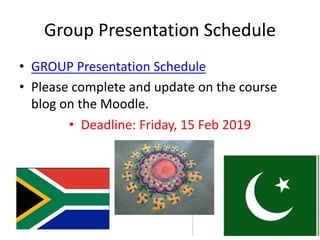 Group Presentation Schedule
• GROUP Presentation Schedule
• Please complete and update on the course
blog on the Moodle.
• Deadline: Friday, 15 Feb 2019
 