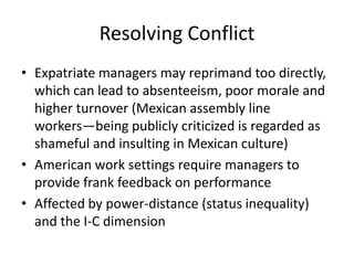 Resolving Conflict
• Expatriate managers may reprimand too directly,
  which can lead to absenteeism, poor morale and
  higher turnover (Mexican assembly line
  workers—being publicly criticized is regarded as
  shameful and insulting in Mexican culture)
• American work settings require managers to
  provide frank feedback on performance
• Affected by power-distance (status inequality)
  and the I-C dimension
 