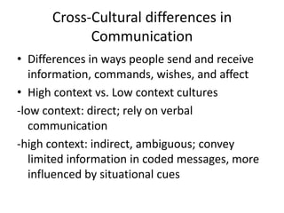 Cross-Cultural differences in
            Communication
• Differences in ways people send and receive
   information, commands, wishes, and affect
• High context vs. Low context cultures
-low context: direct; rely on verbal
   communication
-high context: indirect, ambiguous; convey
   limited information in coded messages, more
   influenced by situational cues
 