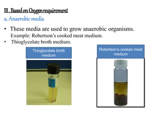 III.BasedonOxygenrequirement
a. Anaerobicmedia
• These media are used to grow anaerobic organisms.
Example: Robertson’s cooked meat medium.
• Thioglycolate broth medium.
Robertson’s cooked meat
medium
Thioglycolate broth
medium
 